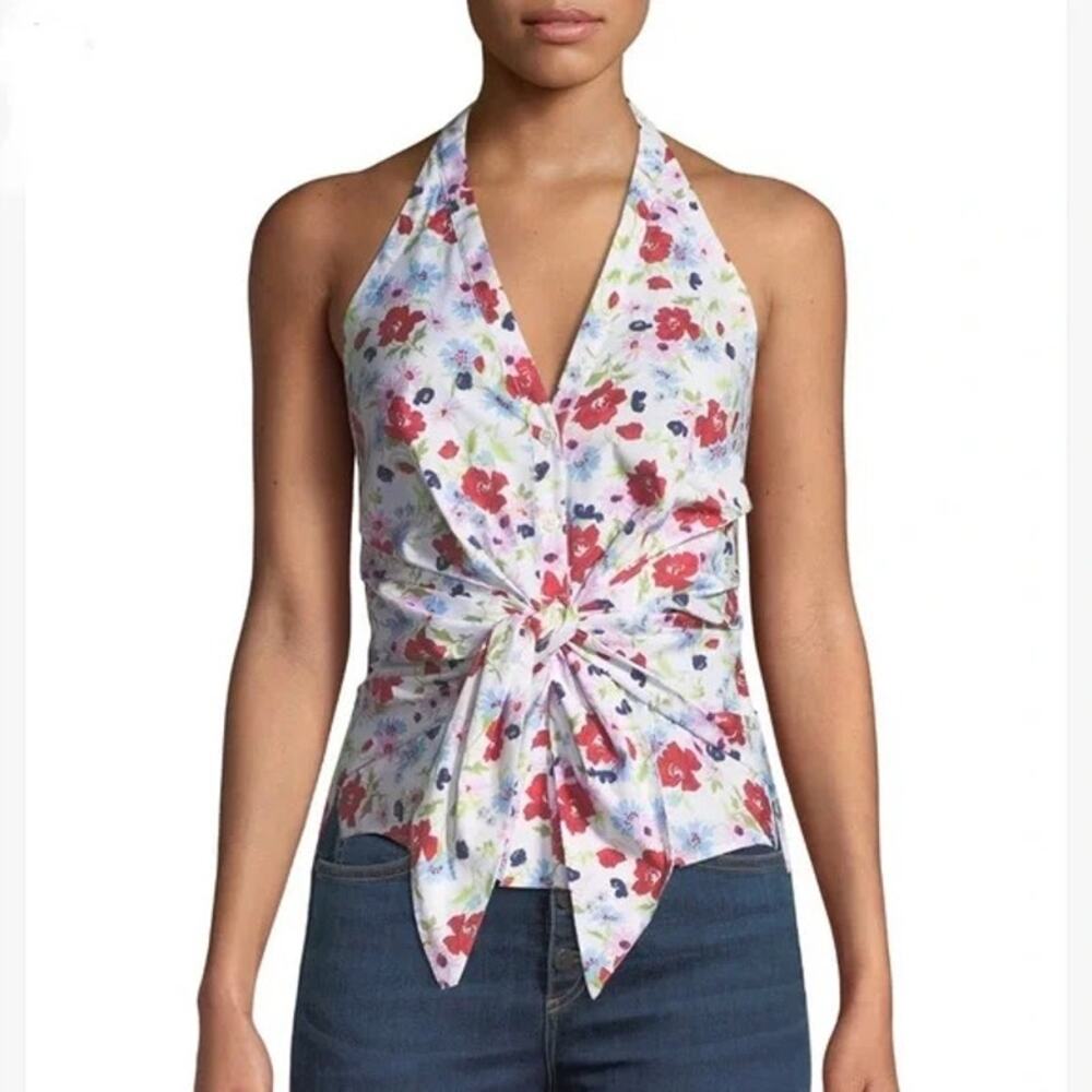 Veronica Beard Vea White Floral Twist Front Halter Top 14 NEW